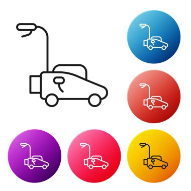 Siyah çizgi çim biçme makinesi simgesi beyaz arkaplanda izole edildi. Çim biçme makinesi çim biçiyor. Renkli daire düğmelerini ayarlayın. Vektör.