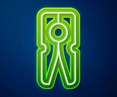 Parlayan neon hattı mavi arka planda eski ahşap iğne simgesi var. Elbise askısı. Vektör.