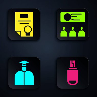 USB flaş bellek, sertifika şablonu, Öğrenci ve Eğitim, sunum ayarla. Siyah kare düğme. Vektör.