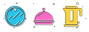 Kesme tahtası, tepsi dolusu yiyecek ve elektrikli su ısıtıcısı ikonu ile kaplı. Vektör.