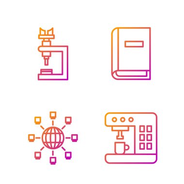 Set line Coffee machine, Social network, Microscope and User manual. Gradient color icons. Vector.