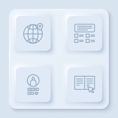 Set line Location on the globe, Online quiz, test, survey, Create account screen and book. White square button. Vector.