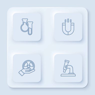 Set line Test tube and flask, Magnet, Radioactive and Microscope. White square button. Vector.