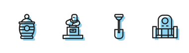 Set line Shovel, Funeral urn, Grave with tombstone and  icon. Vector.