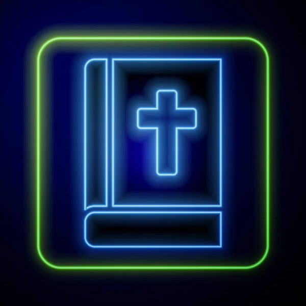 明亮的霓虹灯圣经上的图标孤立在蓝色的背景 — 图库矢量图片