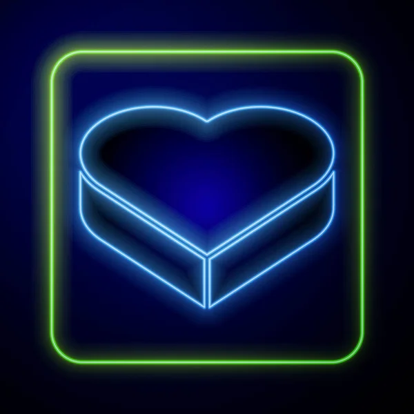 在心形盒子中闪耀的霓虹灯糖果和蓝色背景隔离的弓形图标 情人节 — 图库矢量图片