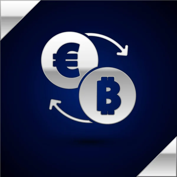 Stříbrná Ikona Výměny Kryptoměn Izolované Tmavomodrém Pozadí Bitcoin Euro Ikonu — Stockový vektor