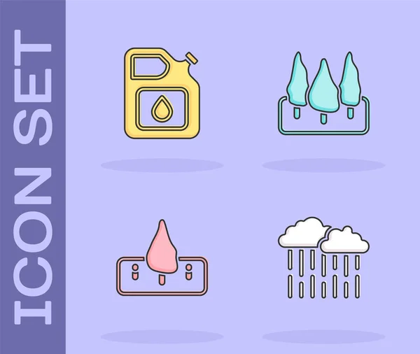 Establecer Nube Con Lluvia Bote Para Gasolina Deforestación Bosque Icono — Vector de stock