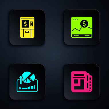 Borsa haberleri, ATM ve para, hisse senedi büyüme grafikleri ve web sitesi. Siyah kare düğme. Vektör.