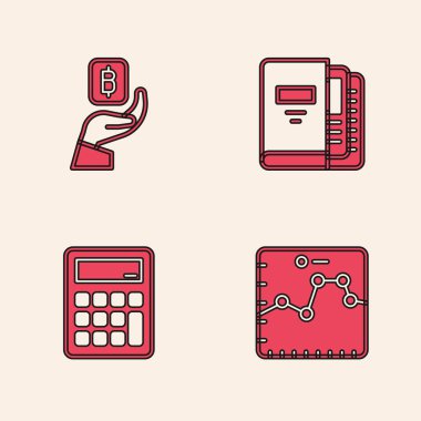 Tarayıcıyı büyüme grafiği, El Tutma Bitcoin, Ofis klasörleri ve Hesap Makinesi simgesi ile ayarla. Vektör.