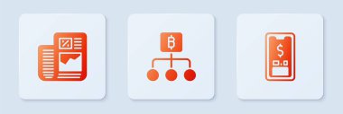 Blockchain teknolojisi Bitcoin, Business finansı raporu ve Mobile 'ı dolarla ayarla. Beyaz kare düğme. Vektör.
