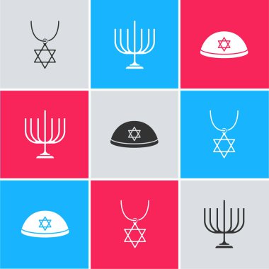 David 'in Yıldızı kolyesini zincirle, Hanuka menorası ve Yahudi kippah ikonu. Vektör.