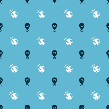 Yerleri kahve fincanı ve uydularla belirleyin. Gezegenin yörüngesinde pürüzsüz bir şekilde dönüyorlar. Vektör.