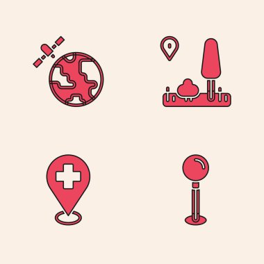 Push pimi, gezegenin yörüngesindeki uydular, şehir haritası navigasyonu ve çapraz ikonlu tıbbi konum ayarlayın. Vektör.