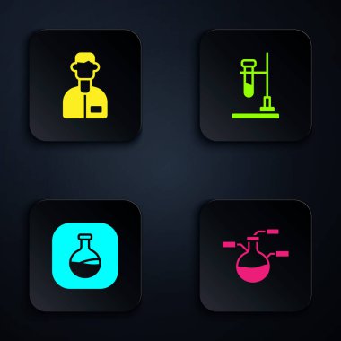 Test tüpünü ve matarayı hazırla, laboratuvar asistanı, ve ateşe ver. Siyah kare düğme. Vektör.