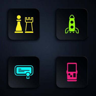Tetris, Chess, Sertifika şablonu ve Roket gemisini ayarlayın. Siyah kare düğme. Vektör.