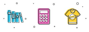 Kitap, hesap makinesi ve tişört simgesini ayarla. Vektör.