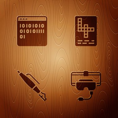 Sanal gerçeklik gözlüklerini, ikili kodları, dolmakalem ucunu ve çapraz bulmacayı tahta zemine yerleştir. Vektör.