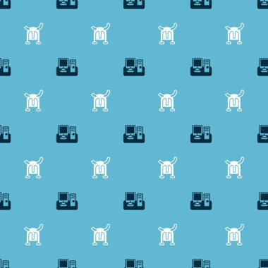 Klavyeli monitör ve boynuzlu miğferli Viking 'i kusursuz desenli monitöre ayarlayın. Vektör.