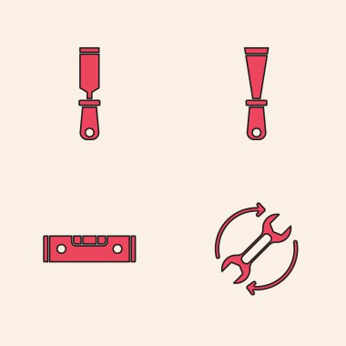Wrench ve okları iş akışı olarak ayarla, Rasp metal dosyası, macun bıçağı ve inşaat balonu düzeyi simgesi. Vektör.