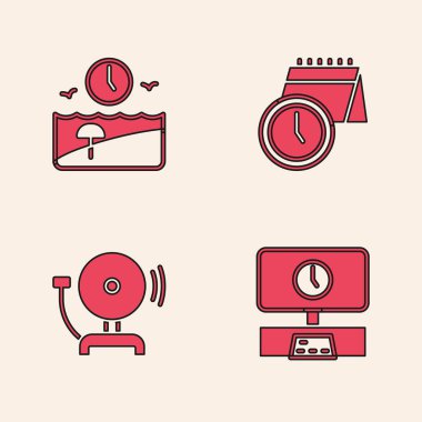 Akıllı TV süresini, tatilini, takvimini, saatini ve alarm zili simgesini ayarla. Vektör.