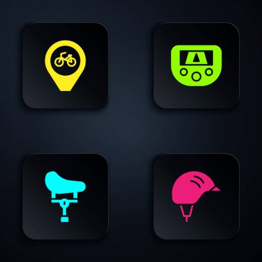 Bisiklet kaskı, bisiklet, koltuk ve GPS haritalı konum ayarla. Siyah kare düğme. Vektör.