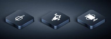 Isometric bisiklet pedalı, bisiklet ve pedal ikonuyla ödül kupası ayarla. Vektör.