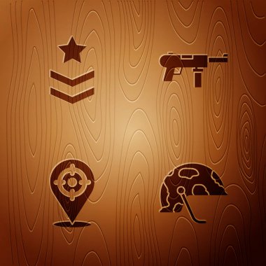 Askeri miğfer, rütbe, hedef sporu ve ağır makineli tüfek M3 'ü tahta arka plana yerleştir. Vektör.