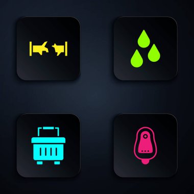 Tuvalet, sidik, kırık boru, alet çantası ve su damlası ayarlayın. Siyah kare düğme. Vektör.