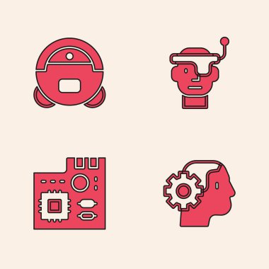 İnsansı robotu, robot elektrikli süpürgeyi, akıllı gözlükleri ve ana kart dijital çip simgesini ayarla. Vektör.