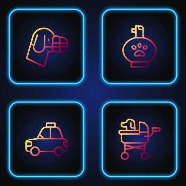 Pet puseti, taksi, köpek ağızlığı ve şampuan. Renk simgeleri. Vektör.