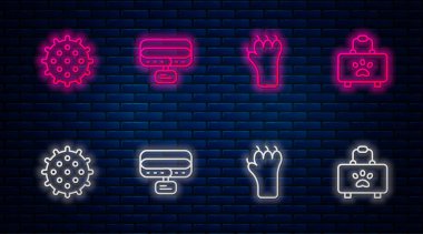 İsim etiketli tasma, Paw baskısı, Tenis topu ve evcil hayvan ilk yardım çantası. Tuğla duvarda parlayan neon simgesi. Vektör.