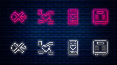 Sağlıklı kalbe dikkat edin, hızlı hareket edin, et ve banyo terazisi yok. Tuğla duvarda parlayan neon simgesi. Vektör.