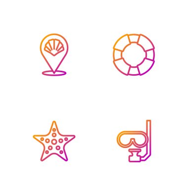 Dalış maskesi, şnorkel, denizyıldızı, deniz tarağı ve Lifebuoy. Renk simgeleri. Vektör.