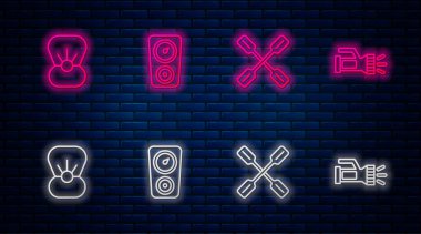 Ölçek ölçeği, kürek, inci ve fenerle kabuk ayarlayın. Tuğla duvarda parlayan neon simgesi. Vektör.