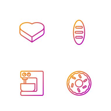 Donut, elektirik karıştırıcı, kalp şeklinde şeker ve ekmekli ekmek. Renk simgeleri. Vektör.