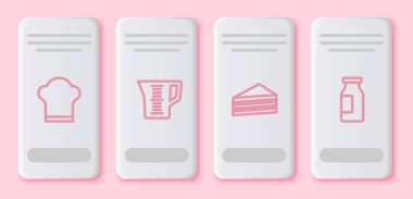 Şef şapkası, ölçü kabı, sütle pasta ve şişe. Beyaz dikdörtgen düğme. Vektör.