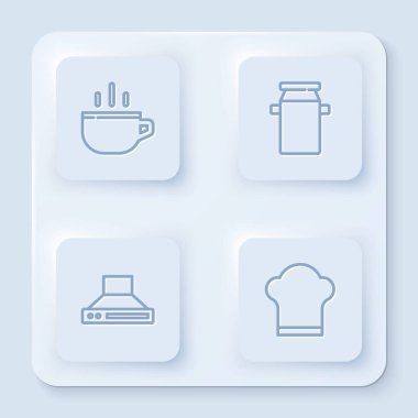 Sıralı kahve fincanı, süt konteynırı mutfak vantilatörü ve şef şapkası. Beyaz kare düğme. Vektör.