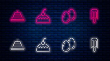 Sabit çizgi pasta, Paskalya yumurtası, yanan mumlar ve dondurmayla. Tuğla duvarda parlayan neon simgesi. Vektör.