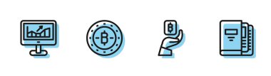 Line Hand holding Bitcoin, Computer with growth graph, ve Office dizin simgesini ayarla. Vektör.