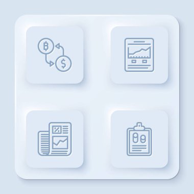 Kripto döviz borsasını, büyüme grafikli web sitesini, iş finans raporunu ve... Beyaz kare düğme. Vektör.