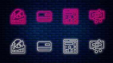 Hat kredi kartı, büyüme grafikli web sitesi, borsa grafikleri ve kağıt para yığını. Tuğla duvarda parlayan neon simgesi. Vektör.