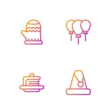 Noel Baba şapkası, pasta, eldiven ve kurdeleli balonlar. Renk simgeleri. Vektör.