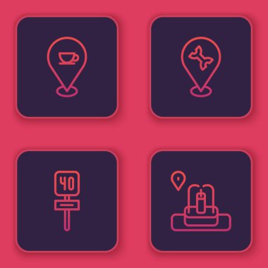 Hattı kahve fincanı, trafik levhası, araba servisi ve çeşme ile belirleyin. Mavi kare düğme. Vektör.