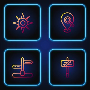 Yol trafik işaretini ayarla, Rüzgar yükseldi ve arama yeri belirlendi. Renk simgeleri. Vektör.