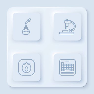 Test tüpü ve matara, mikroskop, ateş alevi ve periyodik cetvel ayarlayın. Beyaz kare düğme. Vektör.