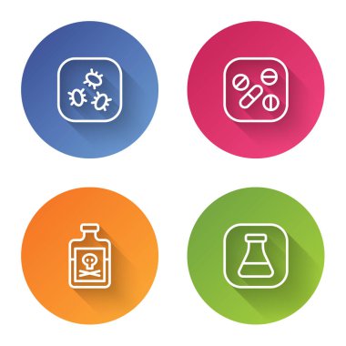 Bakteri, ilaç hapı ya da tablet, zehirli şişe, tüp ve matara. Renkli daire düğmesi. Vektör.
