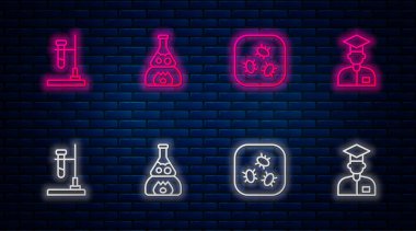 Test tüpünü, bakteriyi ve laboratuvar asistanını ateşe verin. Tuğla duvarda parlayan neon simgesi. Vektör.