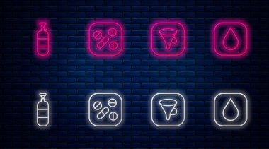 İlaç hapı ya da tablet, huni filtresi, propan gazı deposu ve su damlasını ayarlayın. Tuğla duvarda parlayan neon simgesi. Vektör.