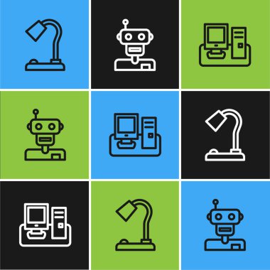 Çizgi masa lambası, klavyeli monitör ve robot simgesi. Vektör.